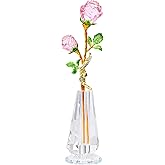 YWHL Handmade Pink Rose Flower Crystal Figurine with Vase, Bouquet Glass Flowers Ornament Rose Gifts for Women Mom Wife, Crystal Flower Home Decor for Anniversary Mother's Day Wedding