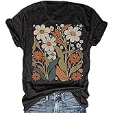 Women's Vintage Floral T Shirt Boho Wildflower Graphic Loose Tees Short Sleeve Casual Tops