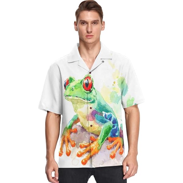 Men's Frog Print Hawaiian Shirt - Short Sleeve Button Down Aloha Shirt, Multicolor, X-Large