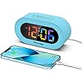 REACHER Kids Alarm Clock with USB Charger, 0-100% Dimmer, Colorful Rainbow LED Digital Display, Simple Operation, Easy Snooze, Small Size for Bedroom, Bedside, Boy, Girl