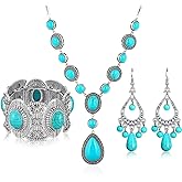 3Pcs Bohemian Turquoise Jewelery Set for Women Western Jewelry Boho Turquoise Choker Necklace Pendant Vintage Dangle Earring Stretchable Bracelets Cowgirl Wedding Party Gift for Birthday Girlfriend