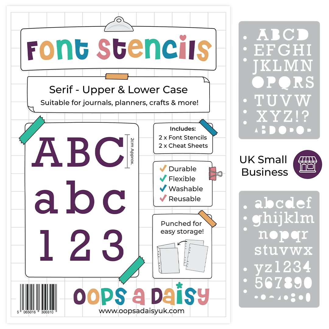 Font Stencil Template (Serif Font) - Set of 2 - Upper and Lower Case Alphabet) - Reusable - Perfect for Dotted Journal Bullet Planner, Scrapbook, Paper Craft, Card Making (Typewriter Lettering)