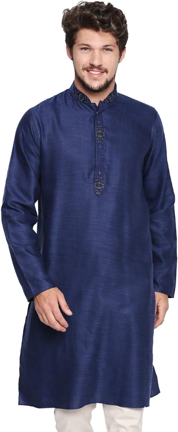 Shatranj Men's Indian Classic Collar Long Kurta Tunic with Embroidered Placket