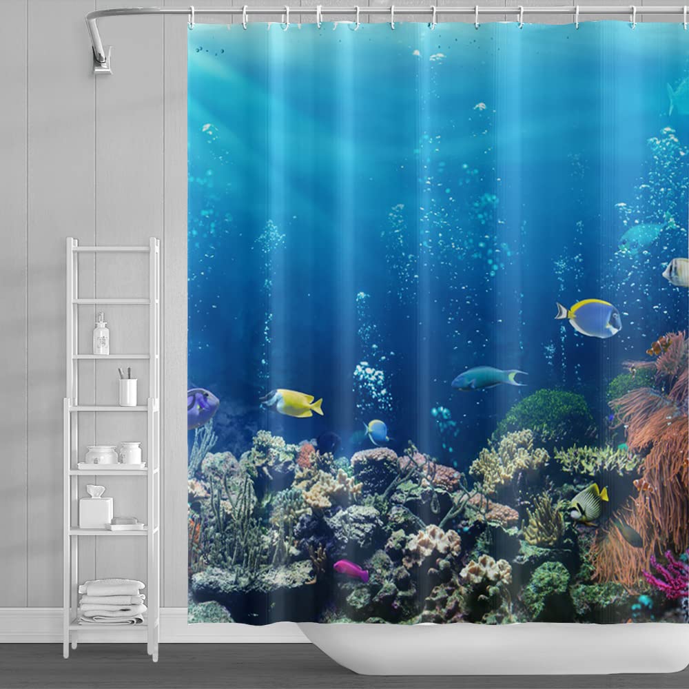 SDOTPMT 180x243cm Ocean Tropical Fish Shower Curtain Underwater Sea Animal Coral Reef Bath Curtain Summer Blue Ocean Bathtub Curtain for Kids Bathroom Fabric Polyester Waterproof with Hooks — image 1