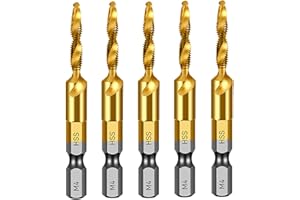 HeeHoo 5Pcs Titanium Coated 4341 HSS Drill-Tap Combination Bits, with 1/4" Hex Shank, One Step Drilling Tapping for Aluminum 