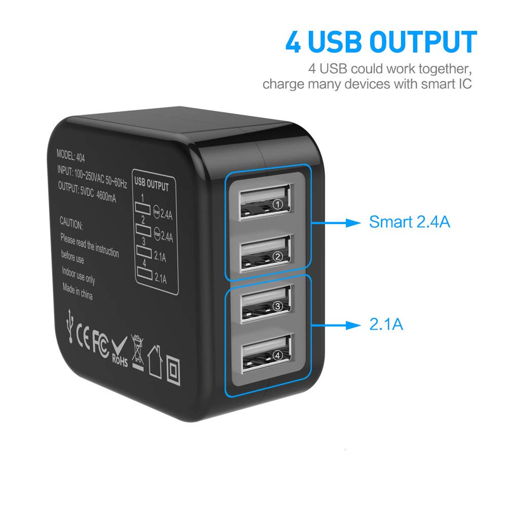 Travel Adapter,Yostyle USB Wall Charger Worldwide International All in One Travel Charger AC Power Plug Converter with 4 USB Ports,Travel Case for USA European UK AUS(Black)