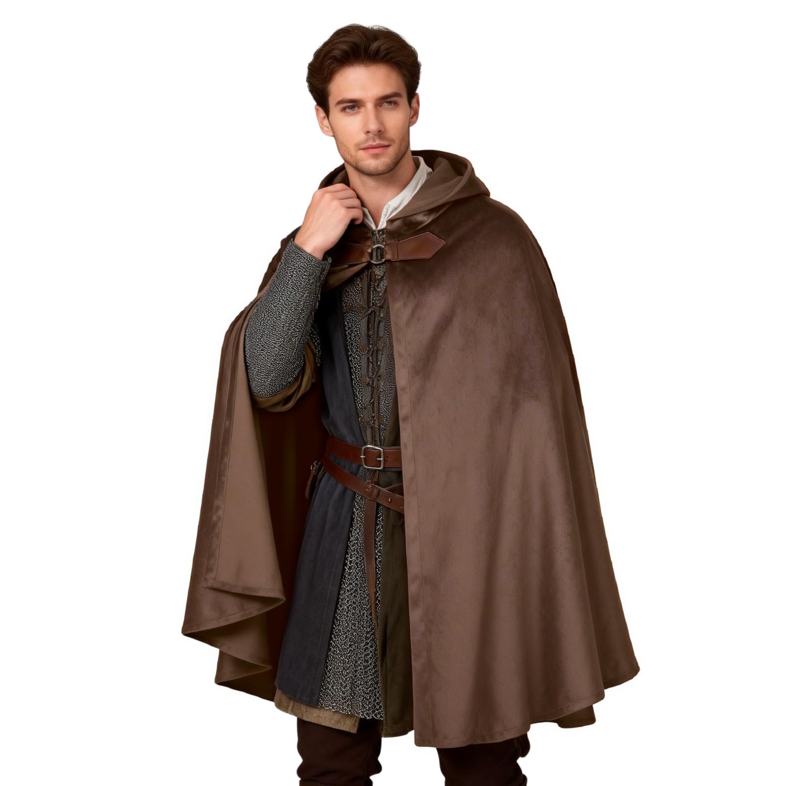 HAPNBCELE Adults Medieval Cloak with Hood, Renaissance Cape Costume Halloween Wizard Cosplay LARP Renaissance Fair RPG Party (Brown, 39.3“/100cm) — image 1