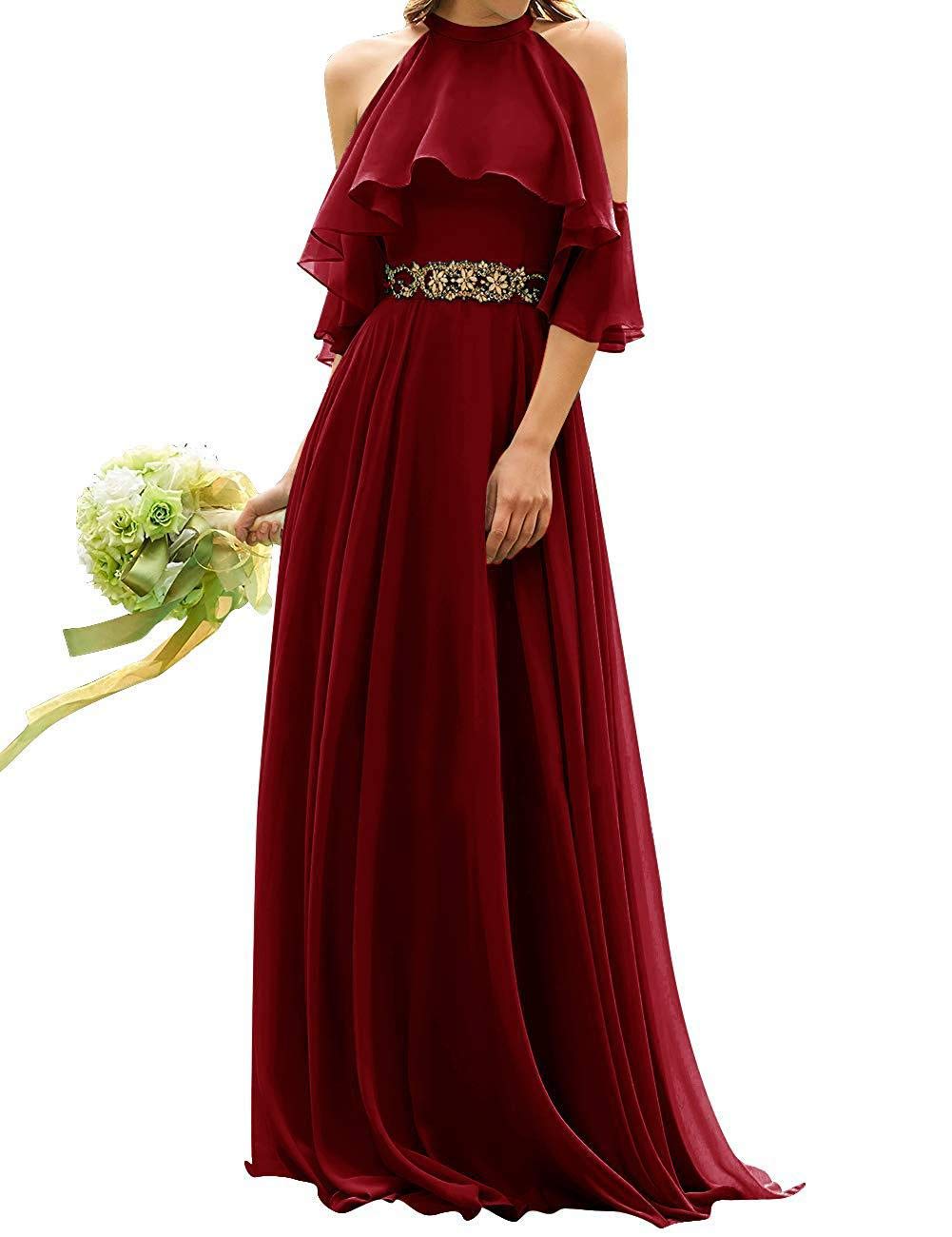 Halter Bridesmaid Dresses Chiffon Aline Long 2020 Beaded Formal Evening Gown Burgundy 24