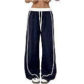 OYOANGLE Women's Baggy Track Pants Side Striped Drawstring Waist Y2K Wide Leg Sweatpants