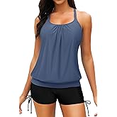 Yonique Womens Blouson Tankini Swimsuits Two Piece Strappy Bathing Suit Tops with Shorts Criss Cross Swimwear