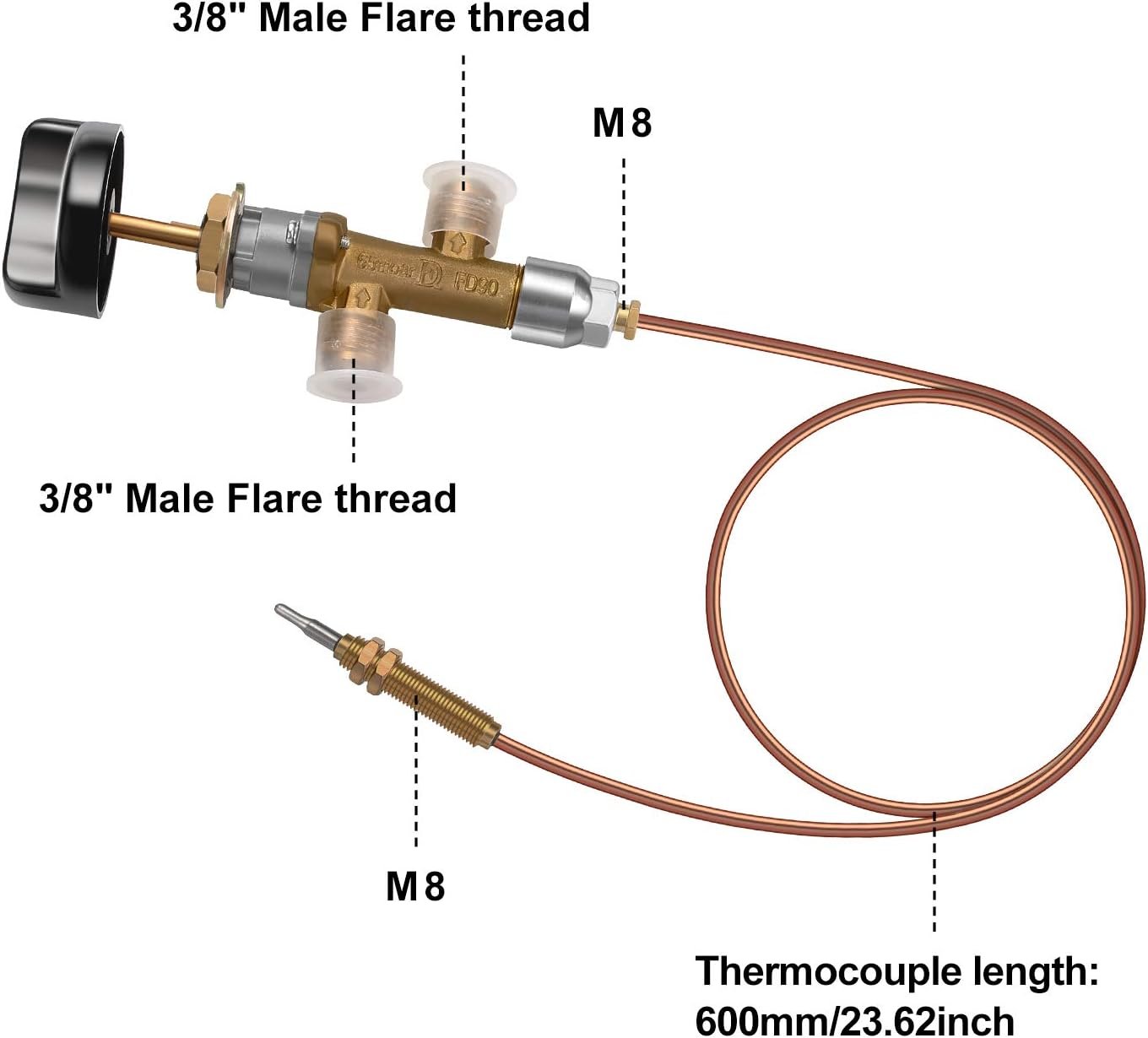 Suitable For Gas Grill Fir Wadeo Lpg Propane Fireplace Fire Pit Gas Control Cock Valve With Thermocouple And Knob Switch Low Pressure Propane Valve With 3 8 Flare Inlet Outlet Heater Fire