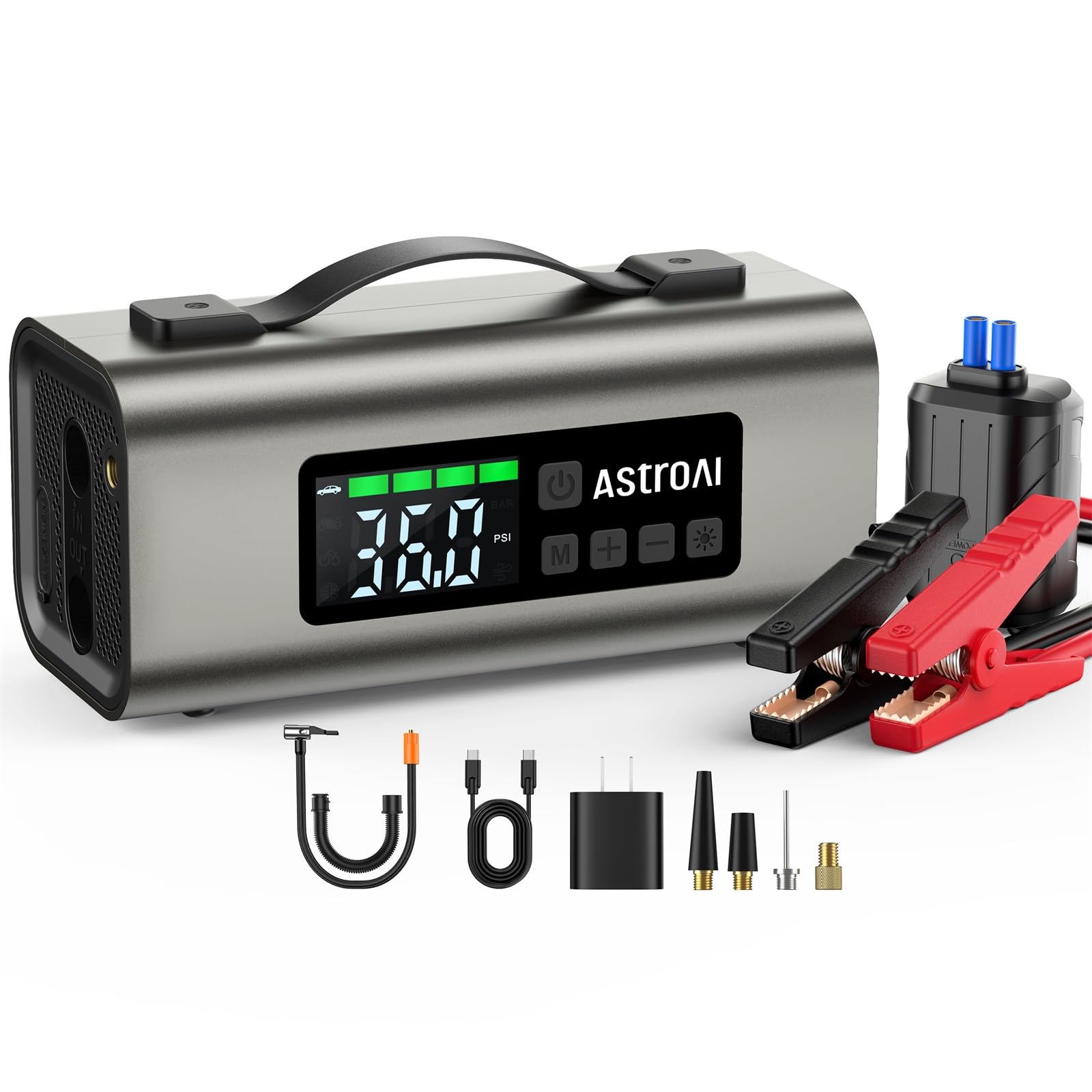 AstroAI Portable Jump Starter with Air Compressor 150PSI, 2500A Car Battery Jump Starter Pack Up to 7.5L Gas & 5.0L Diesel Engine, UL Certified, 12V Jump Box Car Battery with LCD Display, Lights Image