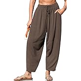 TARSE Women's Linen Harem Pants Casual Loose Fit Wide Leg Cropped Lightweight Drawstring Elastic Waist Pants with Pockets