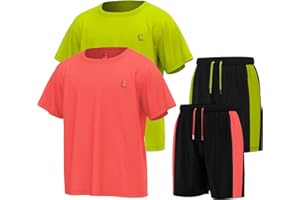 Essenclo Boys Clothing Sets Tagless Loose Athletic Performance Crew Neck T-Shirt and Short Outfits Size 3-16 (4 Piece Set)