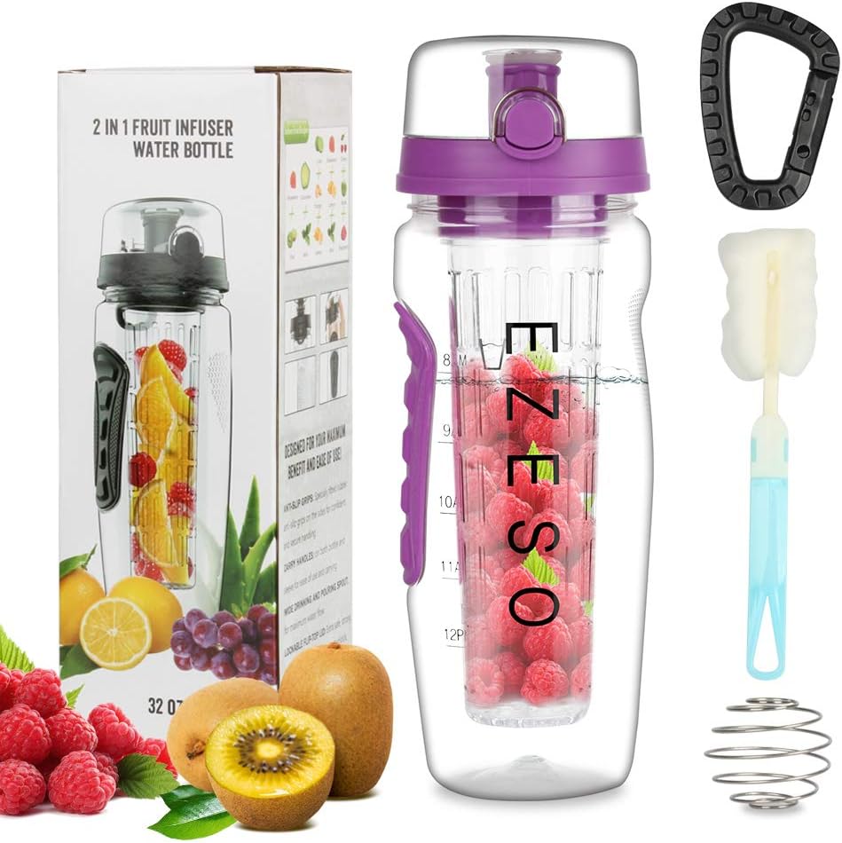 EZESO ESSENTIAL SKINCARE Fruit Infuser Bottle - 32 OZ BPA-Free Sports Bottle - Removable Infusion Rod, Leak Proof Flip Top Lid, Time Marked Fruit Infuser Water Bottle Ideal for Office and Home