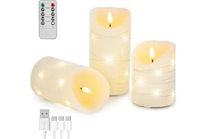 Rechargeable Flameless LED Candles,Flickering Candles with Remote Control & Timer Embedded Fairy String Lights,Real Wax,4" 5"