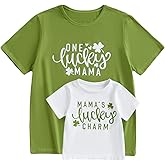 Karuedoo Mommy and Me St Patrick's Day Shirts Lucky Letters Clover Short Sleeve T-Shirt Mother Daughter Son Matching Outfits