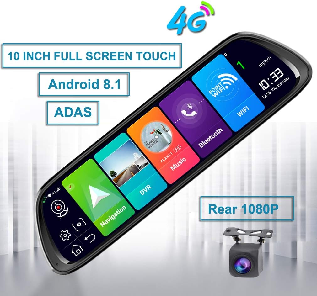 ShiZhen D30 10 inch Full Screen 4G Touch IPS Universal Bundled Car Dash Cam Rear View Reversing Mirror with GPS Navi Bluetooth Music WiFi Android 8.1 Dual Lens FHD 1080P