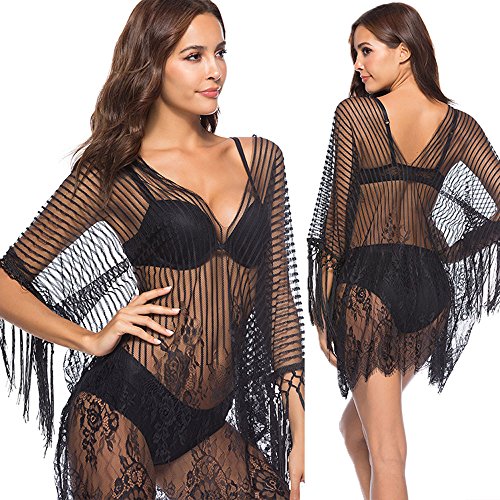 Women Bikini Swimwear Cover Up Lace Floral Mesh Hollow Sleeveless Bathing Suit Beachwear Swimsuit Dress Sale (L, White)
