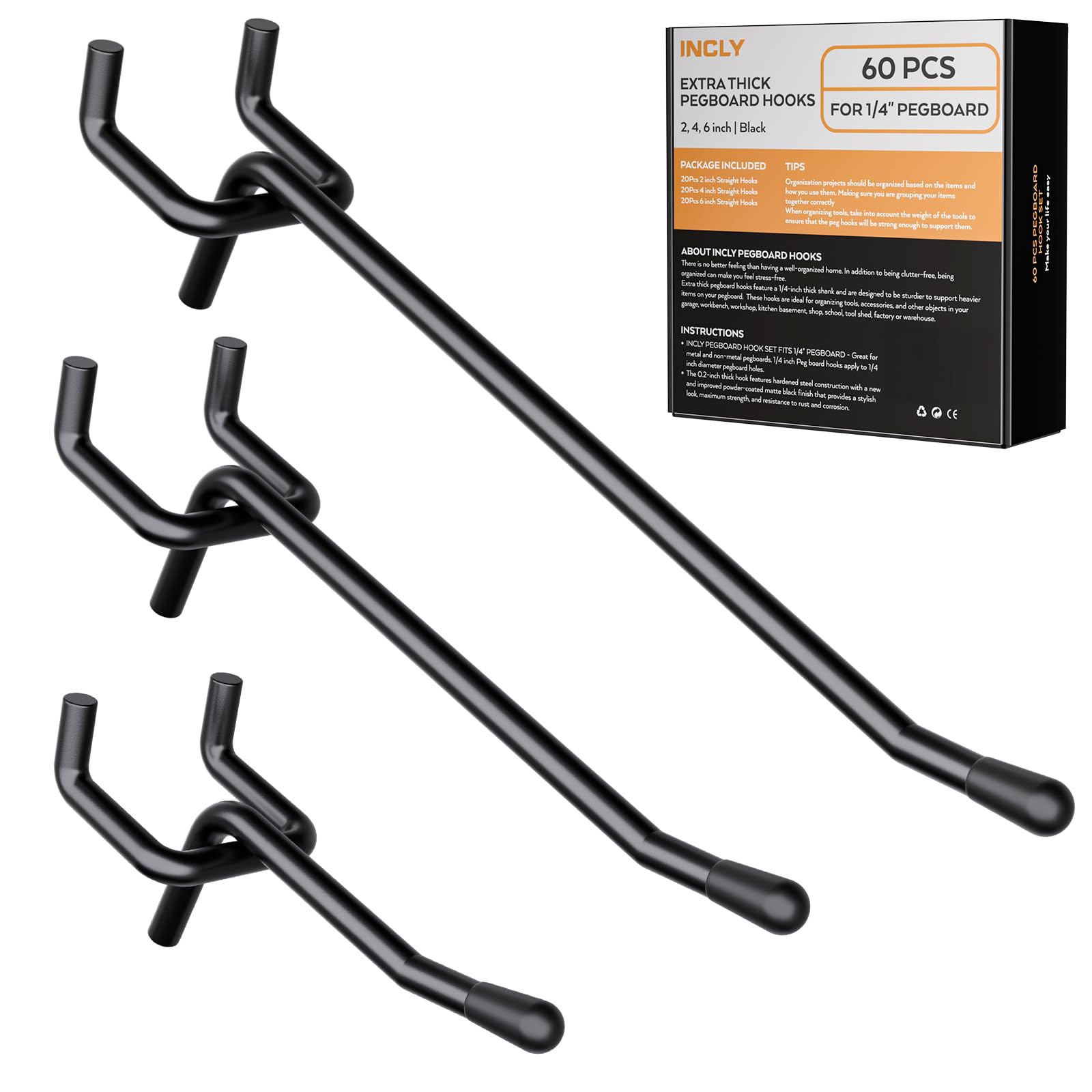 Photo 1 of INCLY 60 Pack 2/4/6 Inch Black Pegboard Hooks, 1/4" Heavy Duty Peg Board Shelving Hooks Accessories, Peg Board Tool Hangers Fit for 1/4" Pegboard Hanging Tools Garage, Craft Organizing, Kitchen, Store