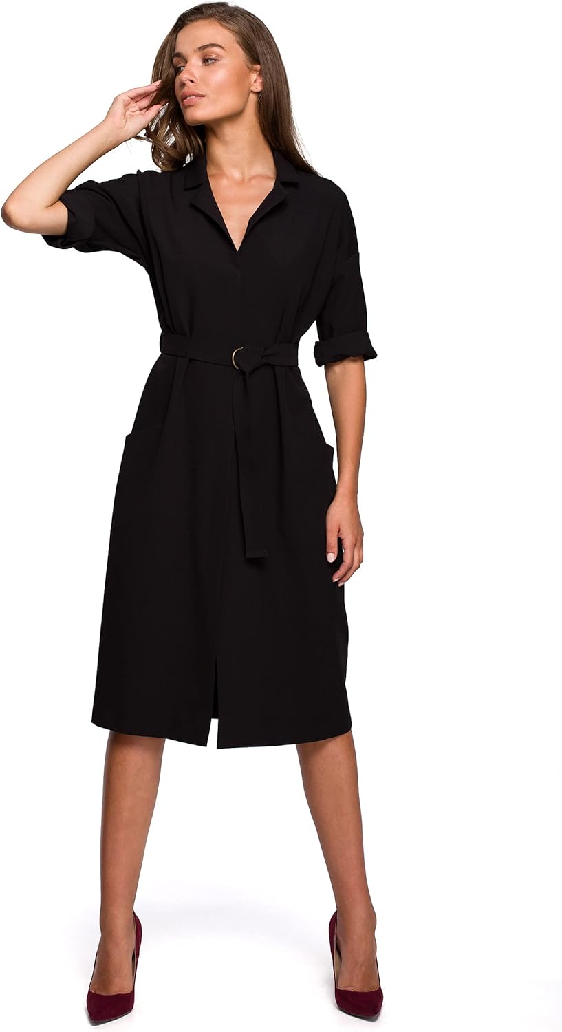 Stylove Women's Midi Shirt Dress with Patch Pockets S230 Black M