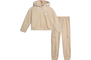 DKNY Girls Tracksuit Set - 2 Piece Cozy Soft Sherpa Fur Pullover Hoodie and Cargo Joggers Sweatpants Girls Sweatsuit Set