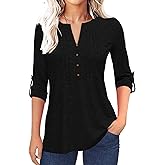 Grlasen Women's Fashion Long Sleeve T-Shirt Pleated Button V-Neck Solid Color Casual Tunic Top