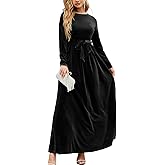 Sunidol Women's Elegant Velvet Belted Pleated Long Sleeve Cocktail Party Formal Wedding Guest A-Line Maxi Long Dress