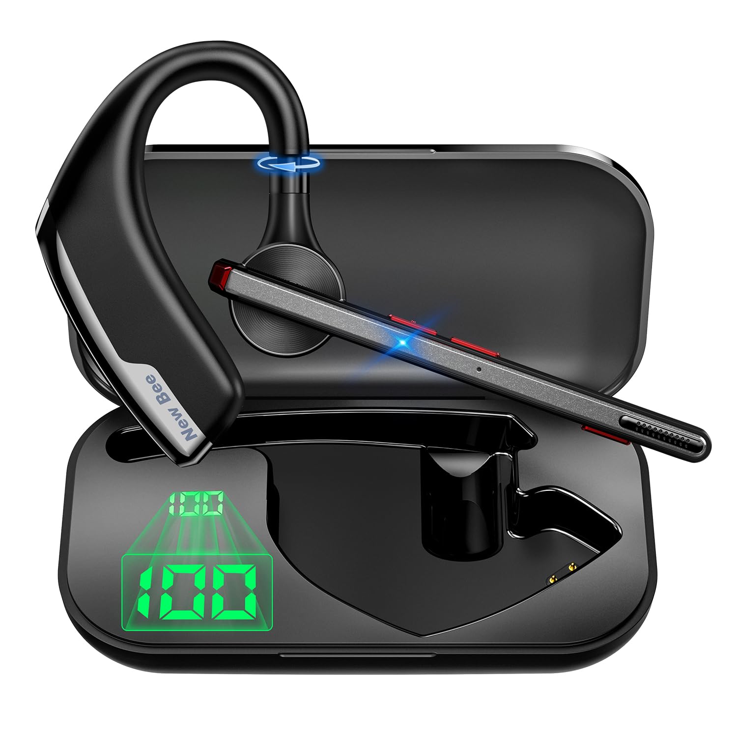 New Bee Bluetooth Headset, Wireless Bluetooth Earpiece for Cellphone with 500mah Charging Case 80h Playtime V5.2 Dual Mic Noise Cancelling Hands-Free Earphones for Office Driver