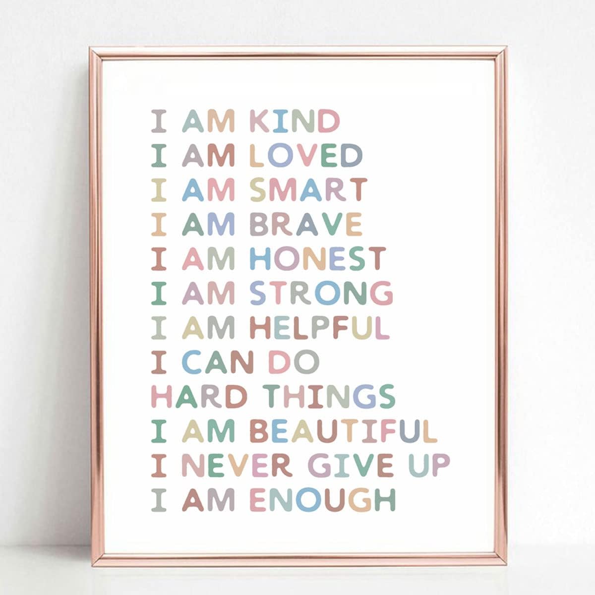Wall Décor - Affirmations Art Print, Gift For Kids, Kid Affirmations Wall Decor, Playroom Decor, Kids Bedroom Decor, I Am Kind I Am Enough, Nursery Decor Print, Colorful Wall Art, UNFRAMED (8X10 INCH)