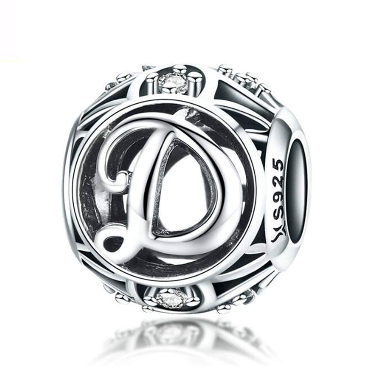 Birthday Charms Genuine 925 Sterling Silver Diy Initial A-Z Charm Alphabet Charms Letter Beads for Pandora Charms Bracelets (Letter D)
