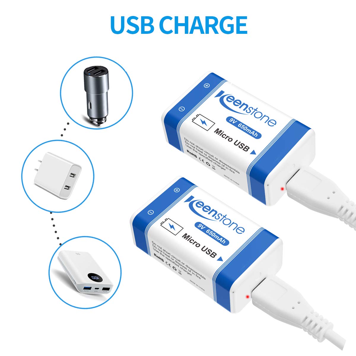 9V Rechargeable 650mAh Li-ion Battery with Micro USB Charging Port - 4 Pack