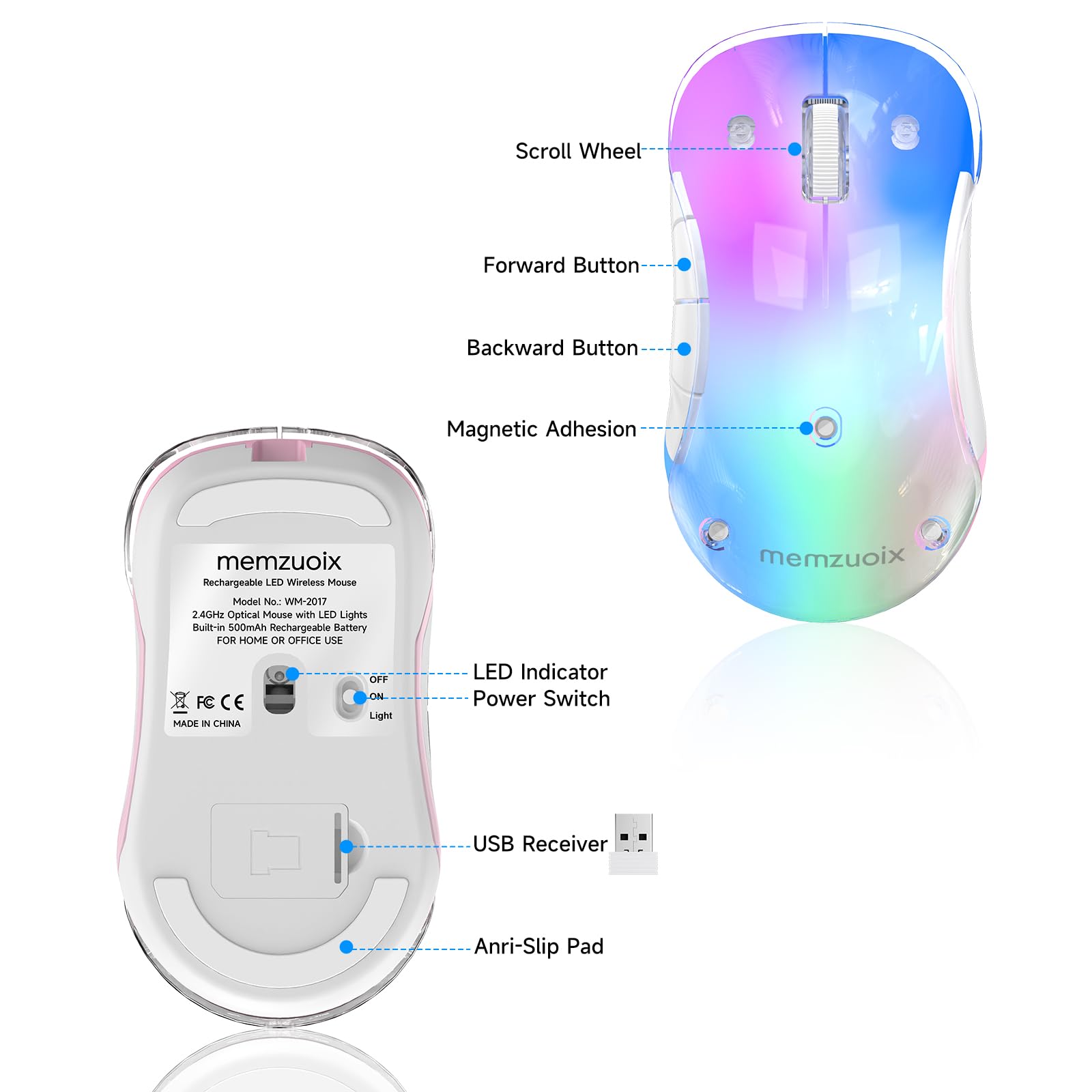 memzuoix 2.4G LED Wireless Mouse, Rechargeable Ergonomic Mouse with Detachable Cover, 1200 DPI Portable Optical Computer Mouse with USB Receiver for Laptop, PC, Desktop and MacBook, 5 Buttons-Pink