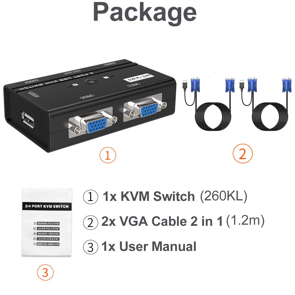 MT-VIKI VGA KVM Switch, 2 Port USB VGA KVM Switch for 2 Computers Share 1 Monitor Keyboard Mouse Printer, + 2 KVM Cables