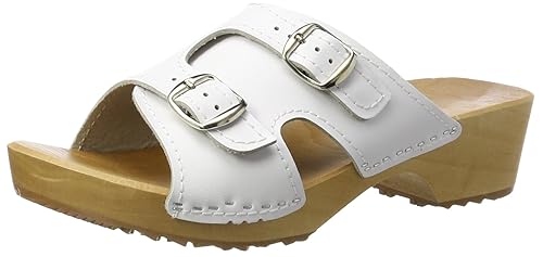 Holzpantoletten für Damen Clogs Schuhe mit Absatz Holz Sandalette Leder Clogs Pantolette, Farbe: Weiß, Größe: 40