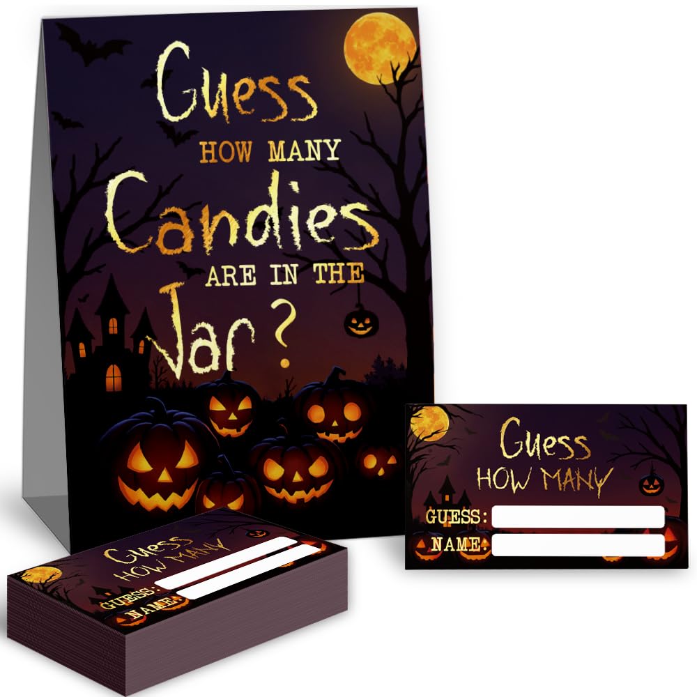 Photo 1 of Puouoonyi Halloween Guess How Many Candy Party Game Cards, Halloween Party Game Supplies, Candy Jar Guessing Games, 1 Standing Sign + 50 Guessing Cards