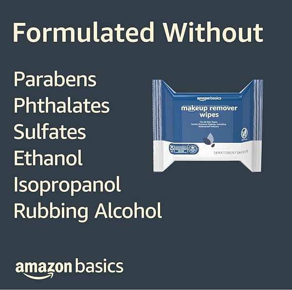 AMAZON BASICS MAKEUP REMOVER WIPES, GENTLE FACIAL CLEANSING, DERMATOLOGIST TESTED, ORIGINAL, PLANT-BASED, ALCOHOL-FREE, REMOVES WATERPROOF MASCARA, 25 COUNT, 1-PACK