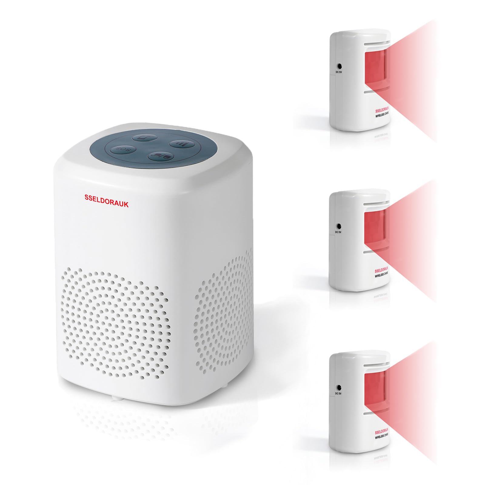 S SELDORAUK Motion Sensor, PIR Dog Barking Alarm Door Chime Alert Guard Doorbell Wireless Infrared Detect Device Wall Mounted for Home Entering Reminder Range 1000ft 110dB (1Receiver+3Detectors) — image 1