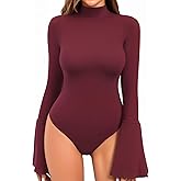 MANGOPOP Bell Sleeve Mock Neck Long Sleeve Bodysuit for Going Out Tops for Women