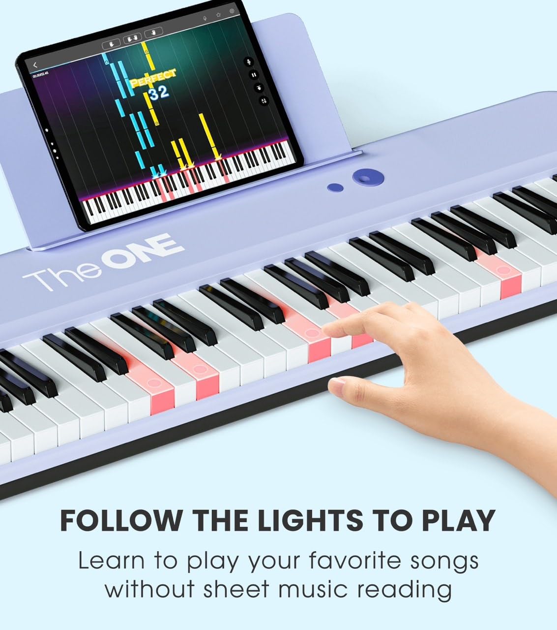 The ONE Smart Keyboard COLOR Teclado de piano con 61 teclas iluminadas, piano eléctrico para principiantes con 256 tonos, 64 polifonía, luces LED integradas y aplicaciones, compatible con USB MIDI/auriculares (púrpura)