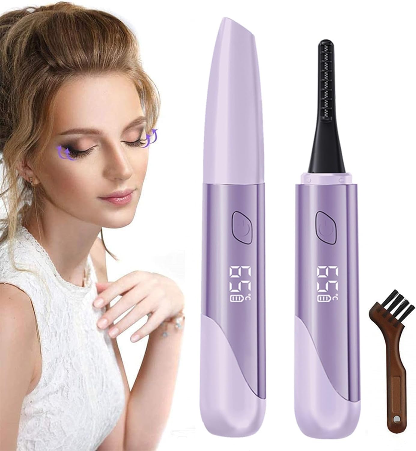 Heated Eyelash Curler, Electric USB Rechargeable Lash Curler with Waterproof Comb & LCD Digital Display, Quick Natural Long-Lasting Curling Lash for Women (Purple)