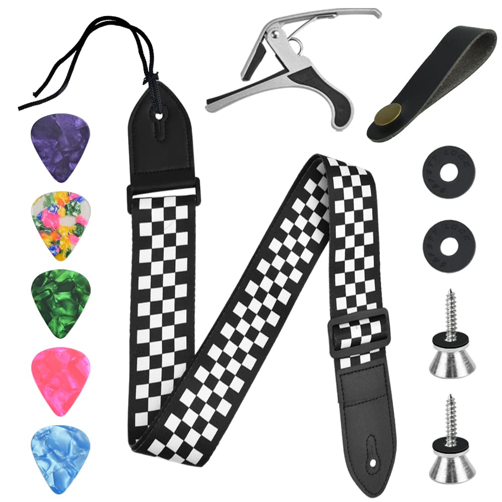 DIKEBAO Guitar Strap Electric&Acoustic Guitar Strap Checkerboard Guitar Strap & Leather Ends Guitar Shoulder Strap with Guitar Capo and 5pcs Guitar Picks for Bass Electric and Acoustic Guitar