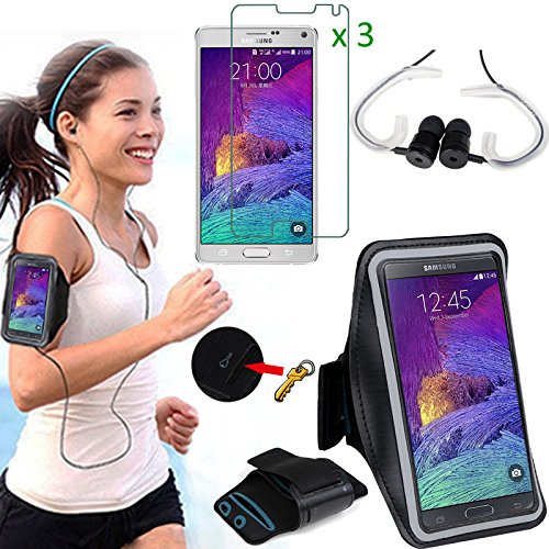 EEEKit 3in1 Kit for Samsung Galaxy Note 4, Premium Sports Running Gym Jogging Armband Case Cover 3 Pack Clear Screen Protector Film Universal 3.5mm In-Ear Stereo Earphones W/Ear Hook