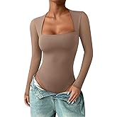 PINKMSTYLE Womens Square Neck Mesh Long Sleeve Bodysuit Going Out Tops Date Night Outfit 2025