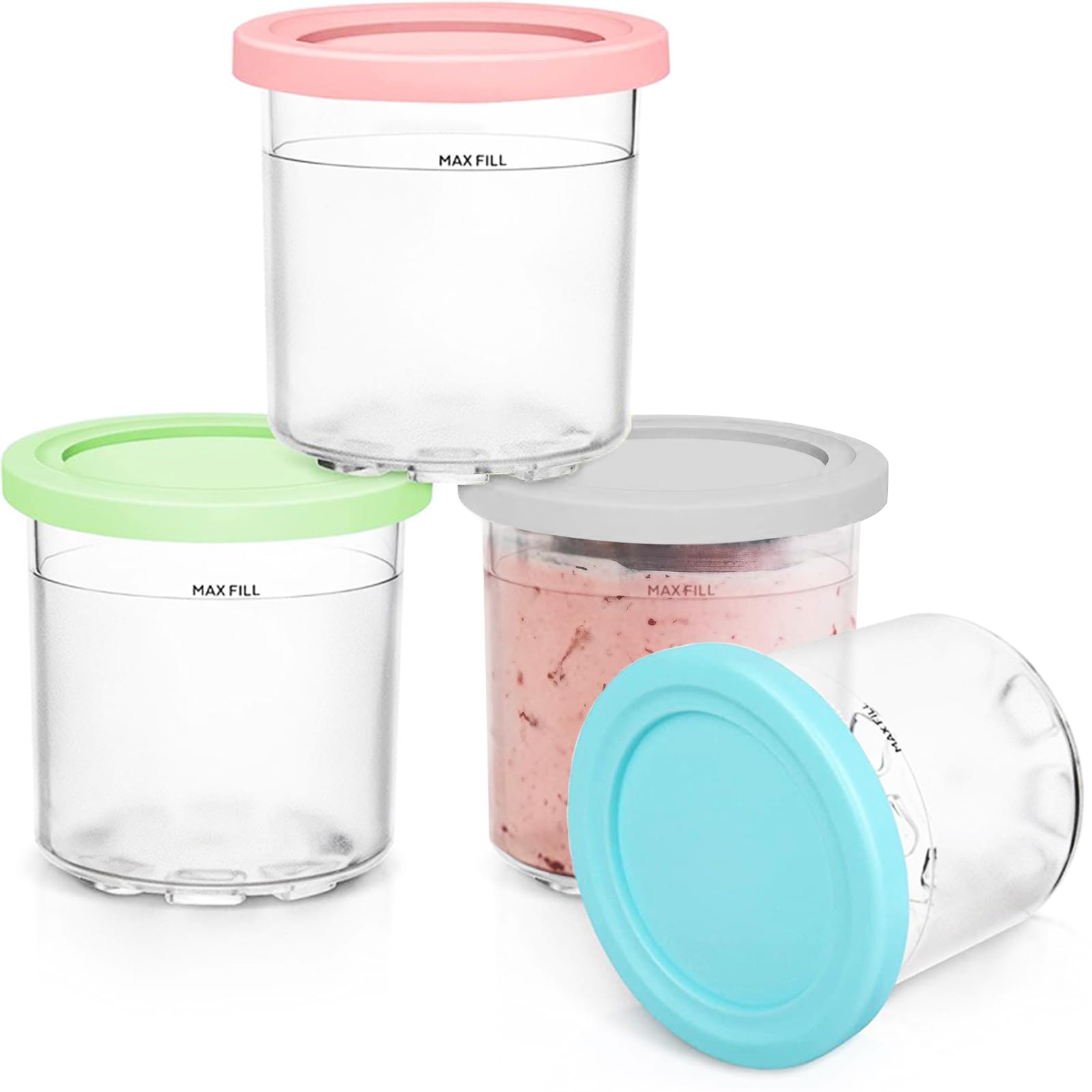 PassFeel 4 Pack Ice Cream Pints Cups, 16oz, Compatible with Ninja Creami Ice Cream Maker NC299AMZ & NC300 Series, BPA-Free & Dishwasher Safe, with Colorful Lids (Grey/Green/Pink/Aqua)