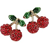 YACQ Women's Cherry Stud Earrings - Ultra Light - Lead and Nickle Free - Enamel & Crystals - Cherries De Red Fruit Charm Piercing Jewelry