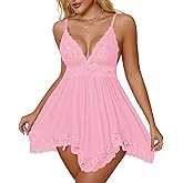 Crexomi Sexy Lingerie for Women Babydoll Dress V Neck Lace Chemise Nightie Sleepwear Mesh Nightgown with Thong