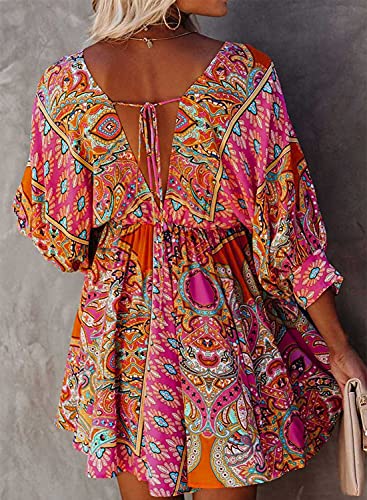 Dokotoo Women Boho Dress Floral Print Flared Vacation Flowy V Neck Backless Mini Dress Sexy High Waist 3/4 Sleeve Ruffle A Line Bohemian Short Dress,US 16-18(XL),Multicolor