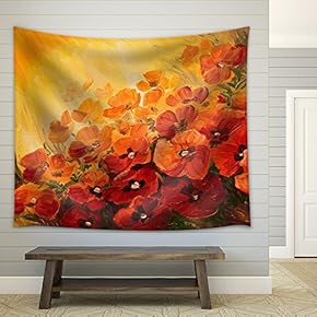 Oil Painting - Abstract Illustration of Poppies on a red-Yellow Background, Wallpaper - Fabric Wall Tapestry Home Decor - 51x60 inches