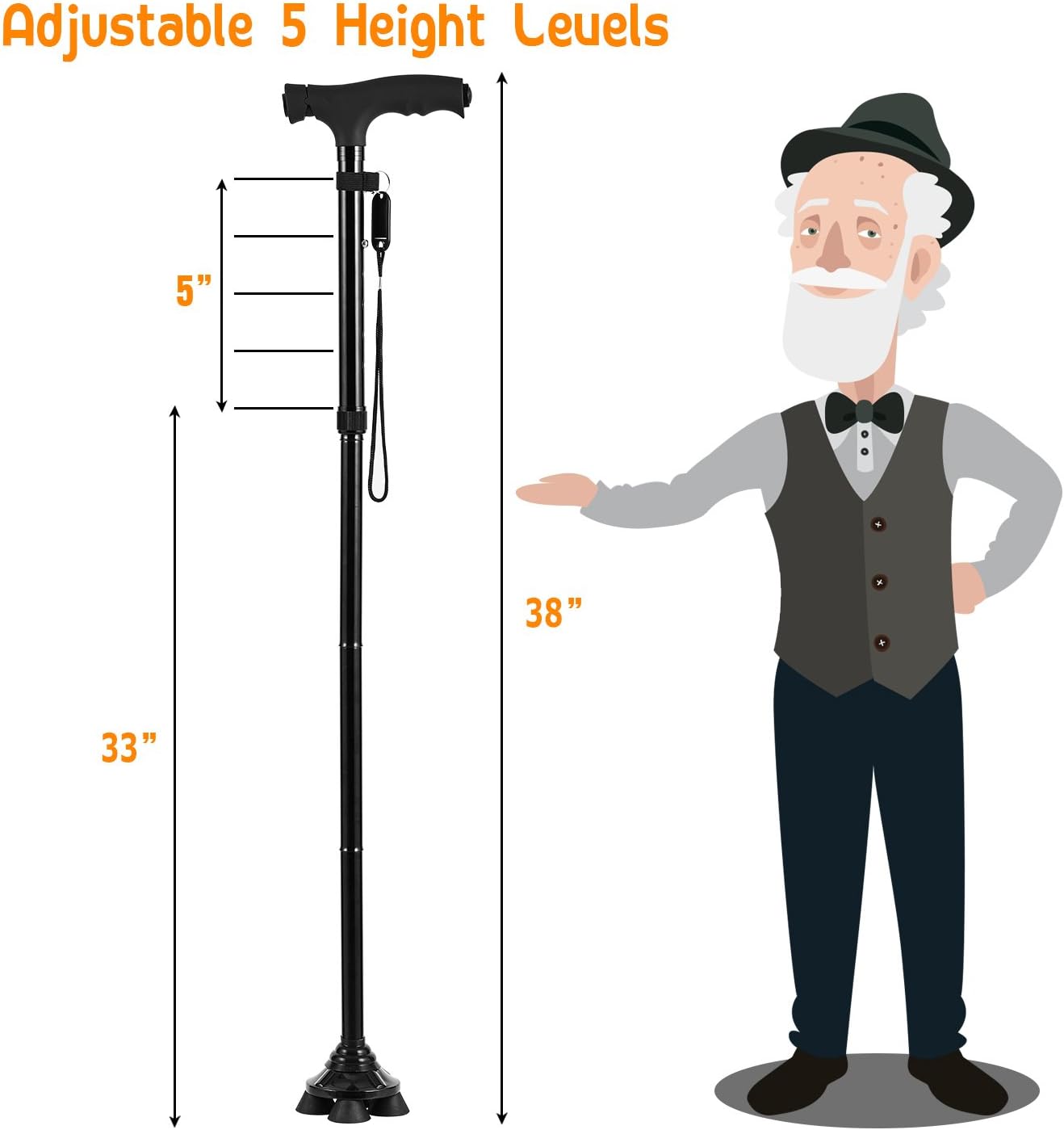 BigAlex Folding Walking Cane with LED Light,Pivoting Quad Base,Adjustable Walking Stick with Carrying Bag for Man/Woman: Health & Personal Care